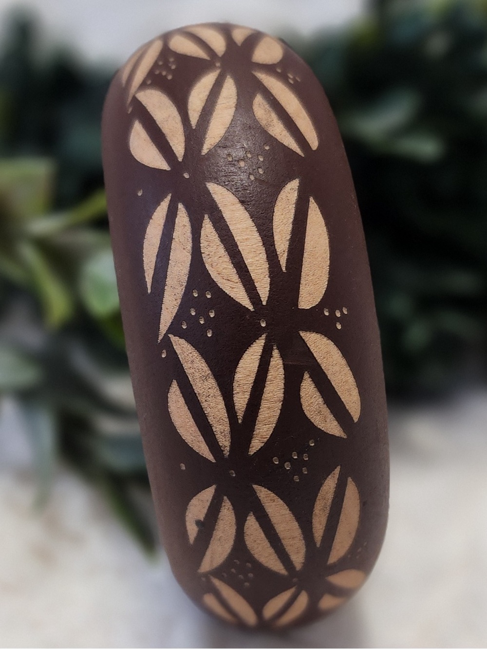 Vintage Carved Wood Floral Bangle Bracelet – Wide Boho Folk Art Jewelry